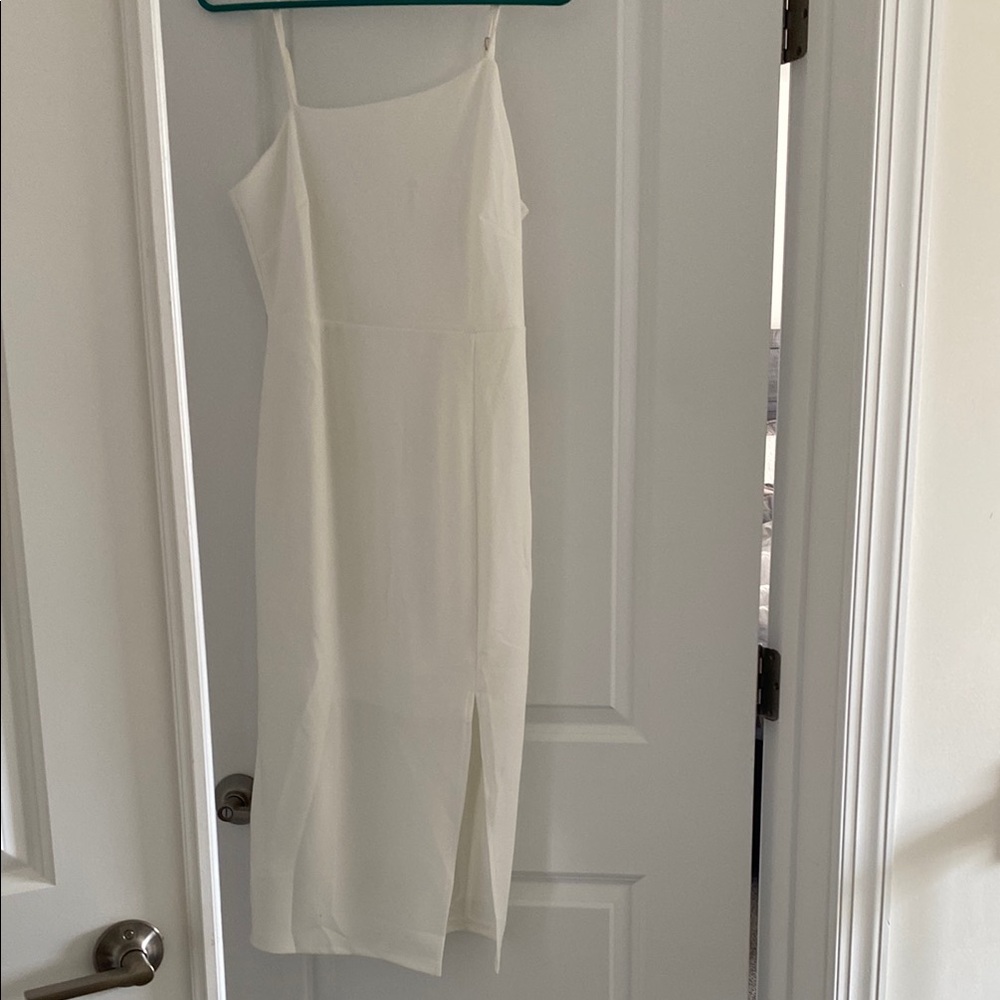 White Midi Sheath Dress with Spaghetti Straps for Cocktail